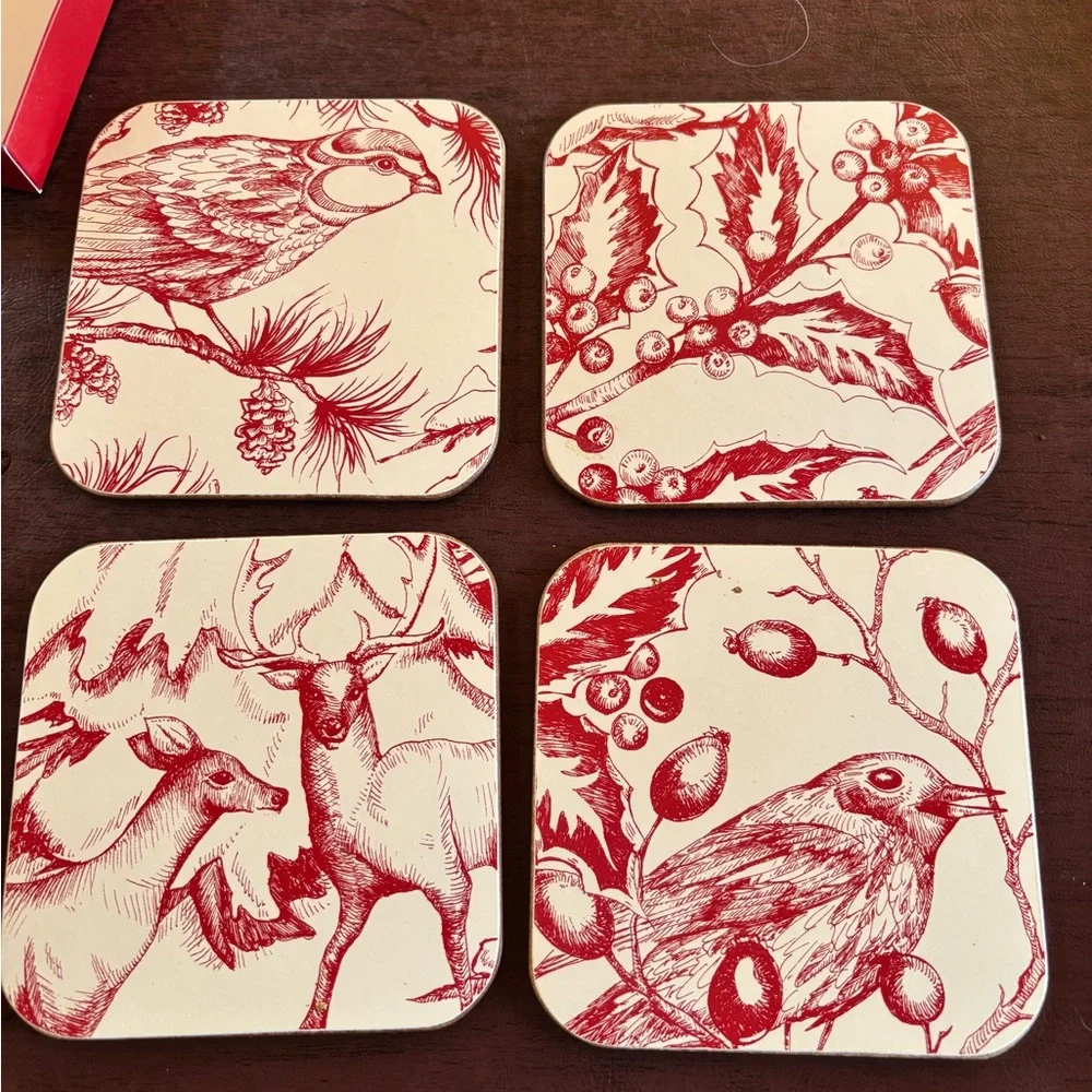 Williams Sonoma NWT Christmas toile cork backed Bird Coasters Set